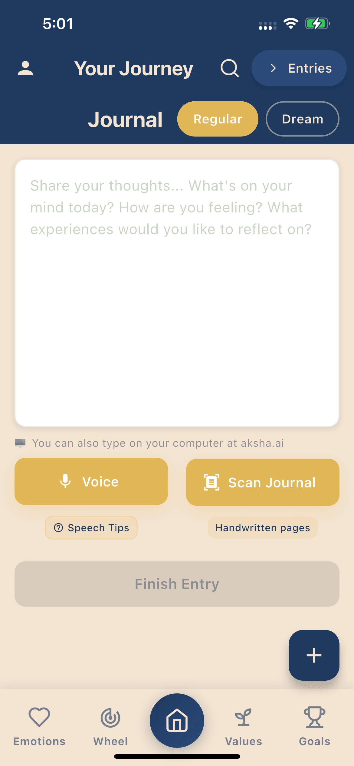 Aksha Journal Entry preview - AI-powered journaling interface showing emotion tracking and insights
